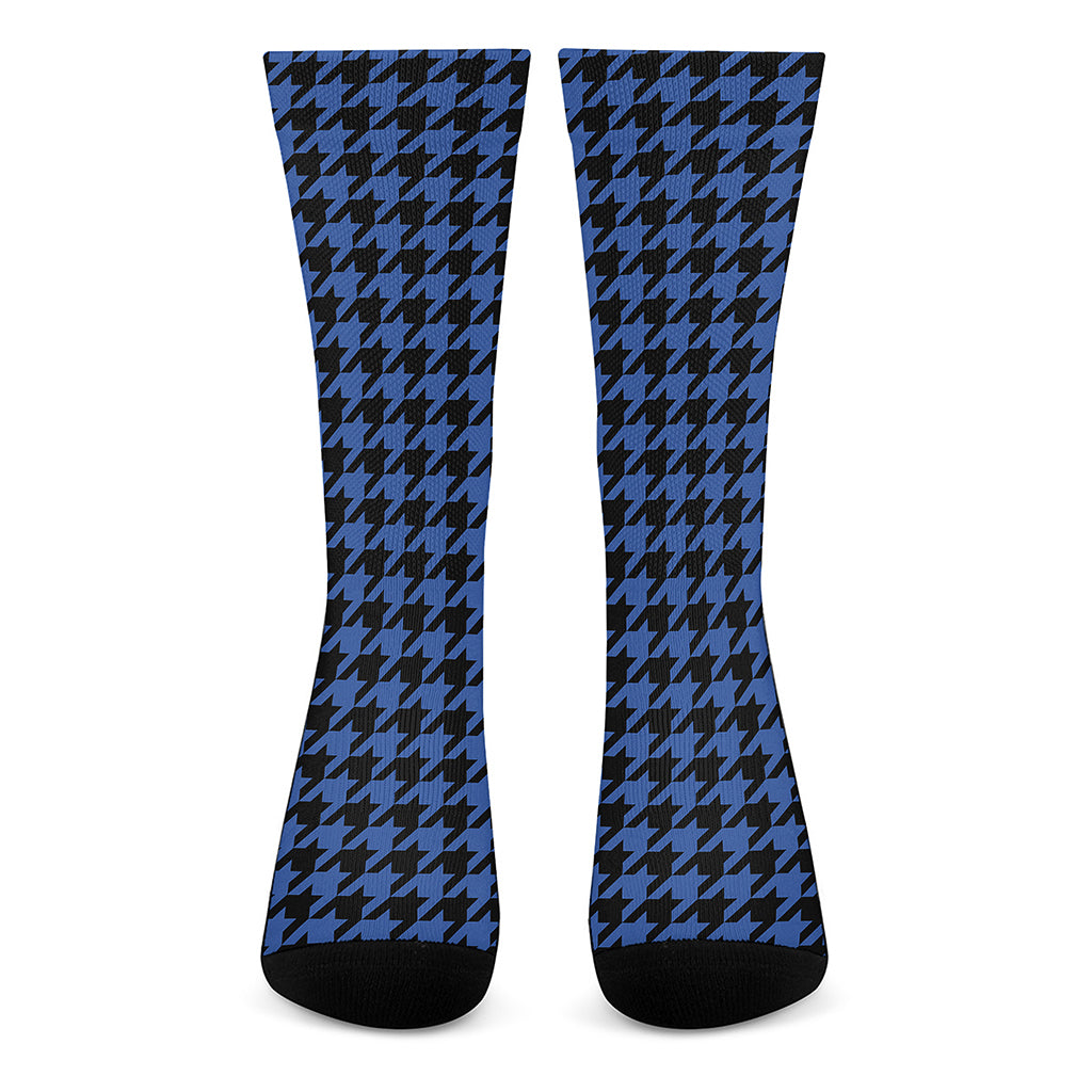 Blue And Black Houndstooth Print Crew Socks