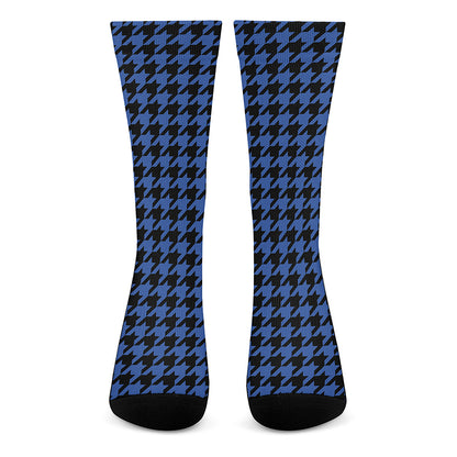 Blue And Black Houndstooth Print Crew Socks
