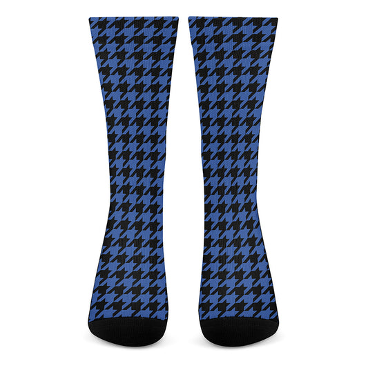 Blue And Black Houndstooth Print Crew Socks