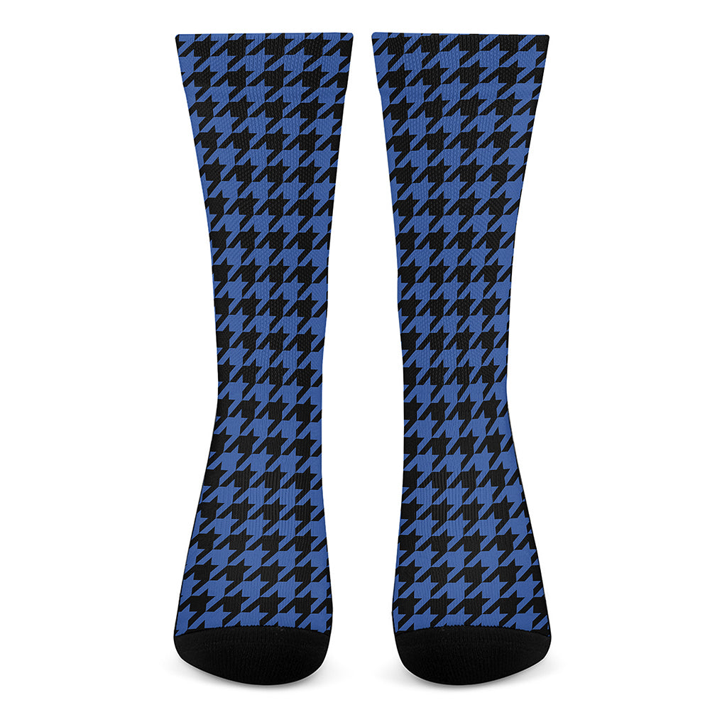 Blue And Black Houndstooth Print Crew Socks