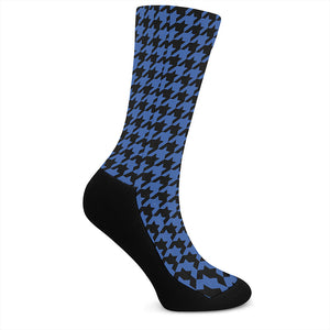 Blue And Black Houndstooth Print Crew Socks