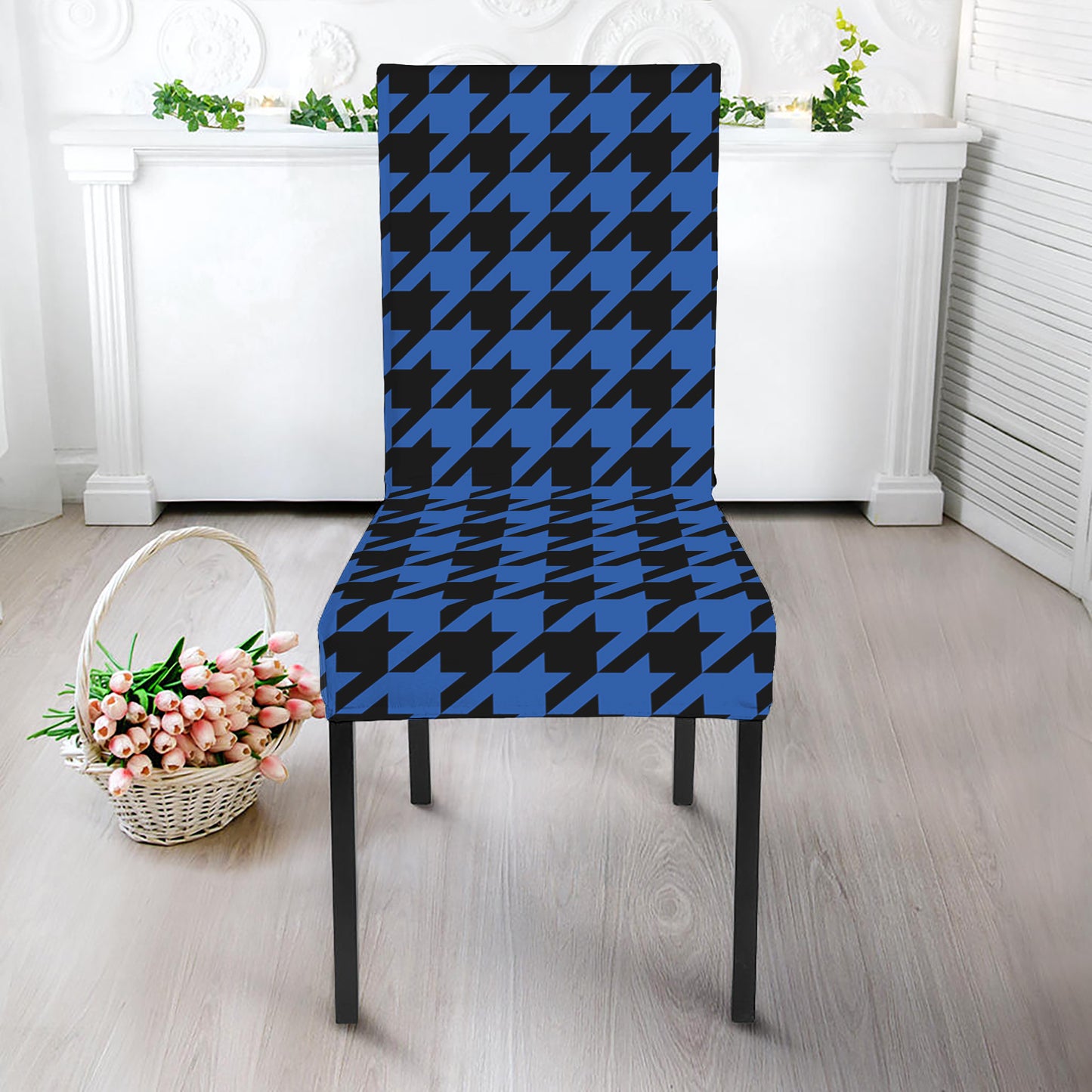 Blue And Black Houndstooth Print Dining Chair Slipcover