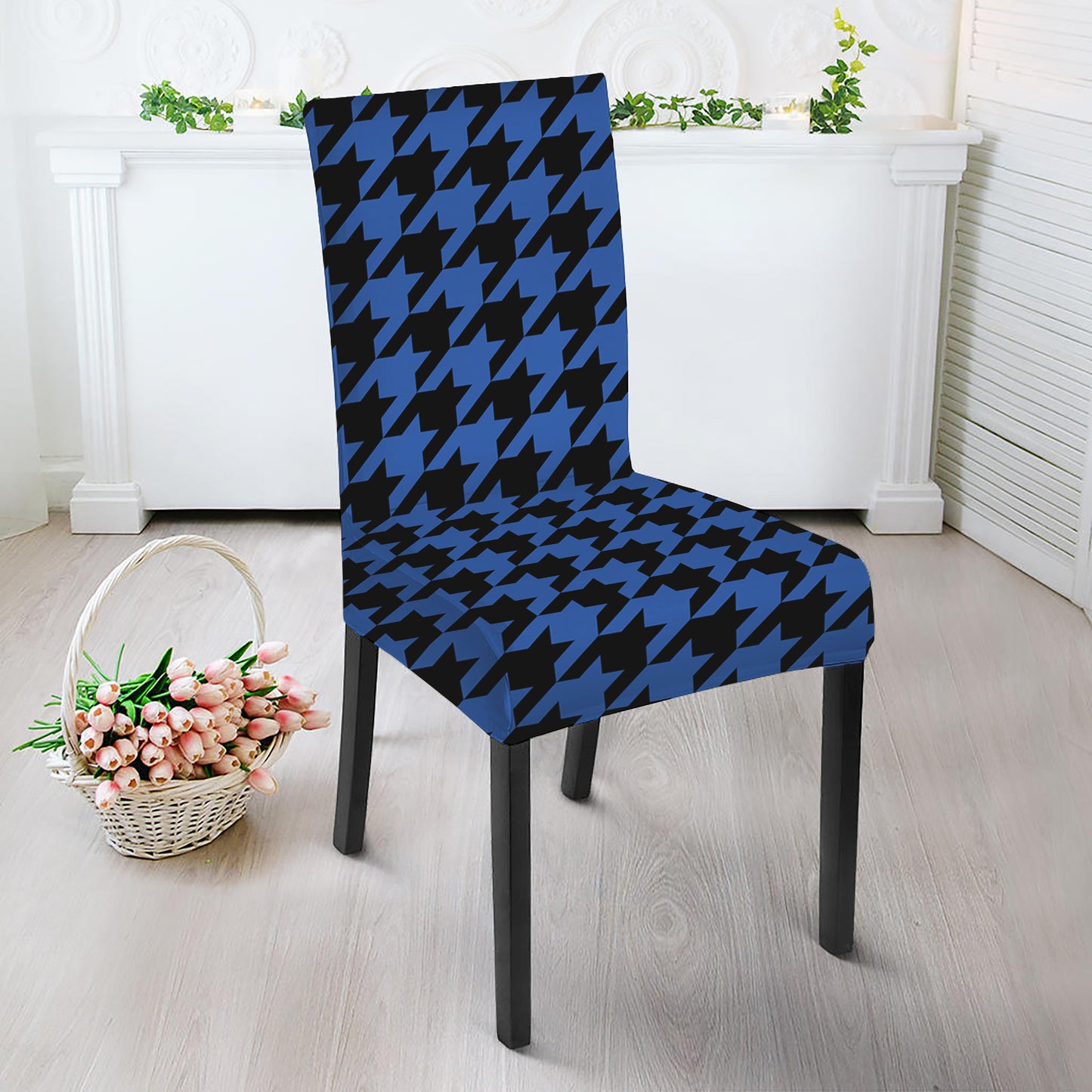 Blue And Black Houndstooth Print Dining Chair Slipcover