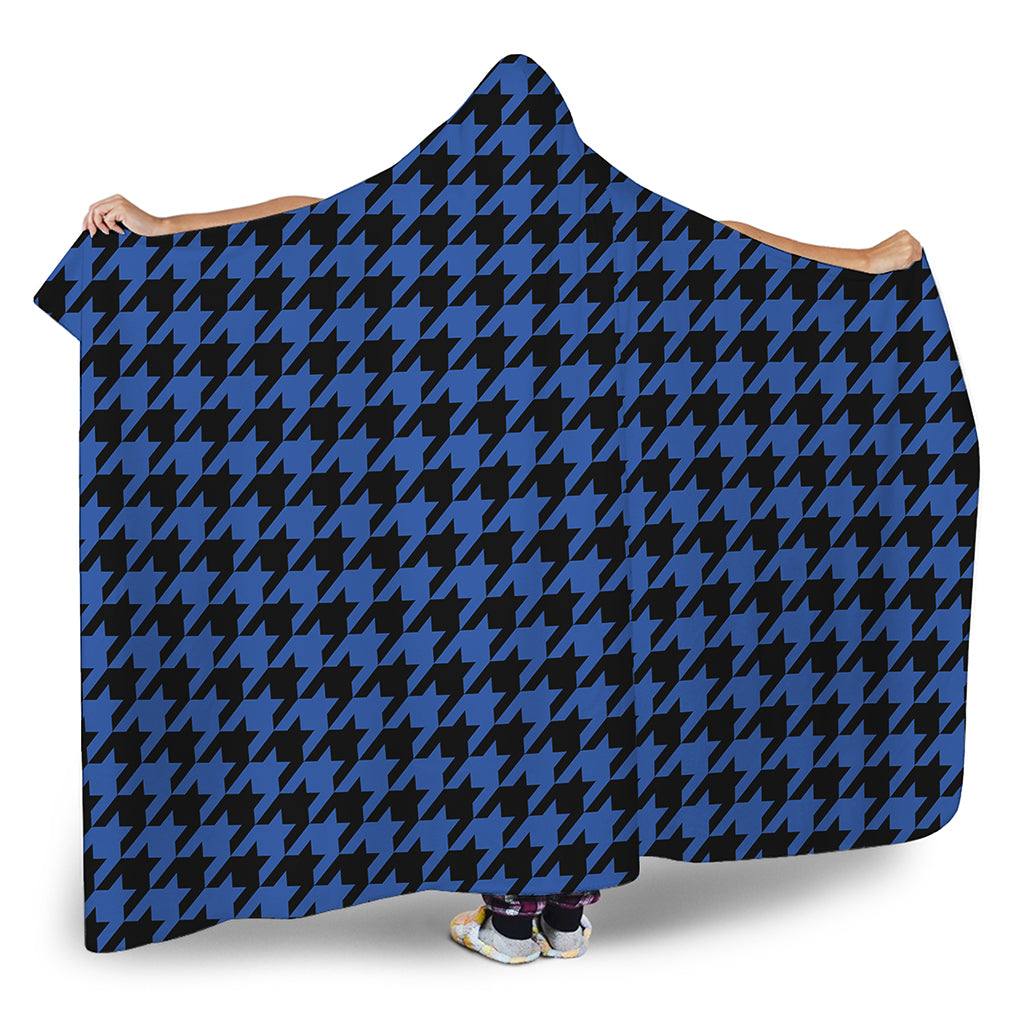 Blue And Black Houndstooth Print Hooded Blanket