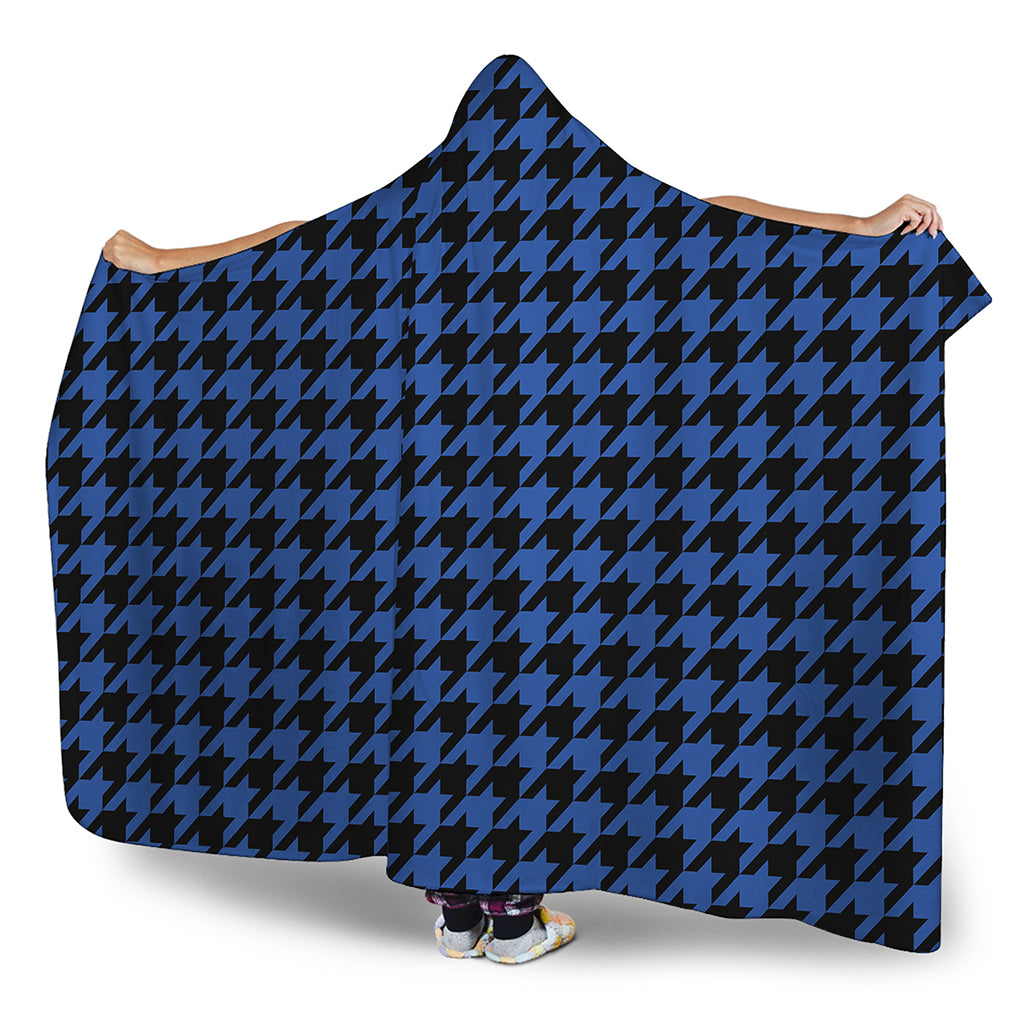 Blue And Black Houndstooth Print Hooded Blanket
