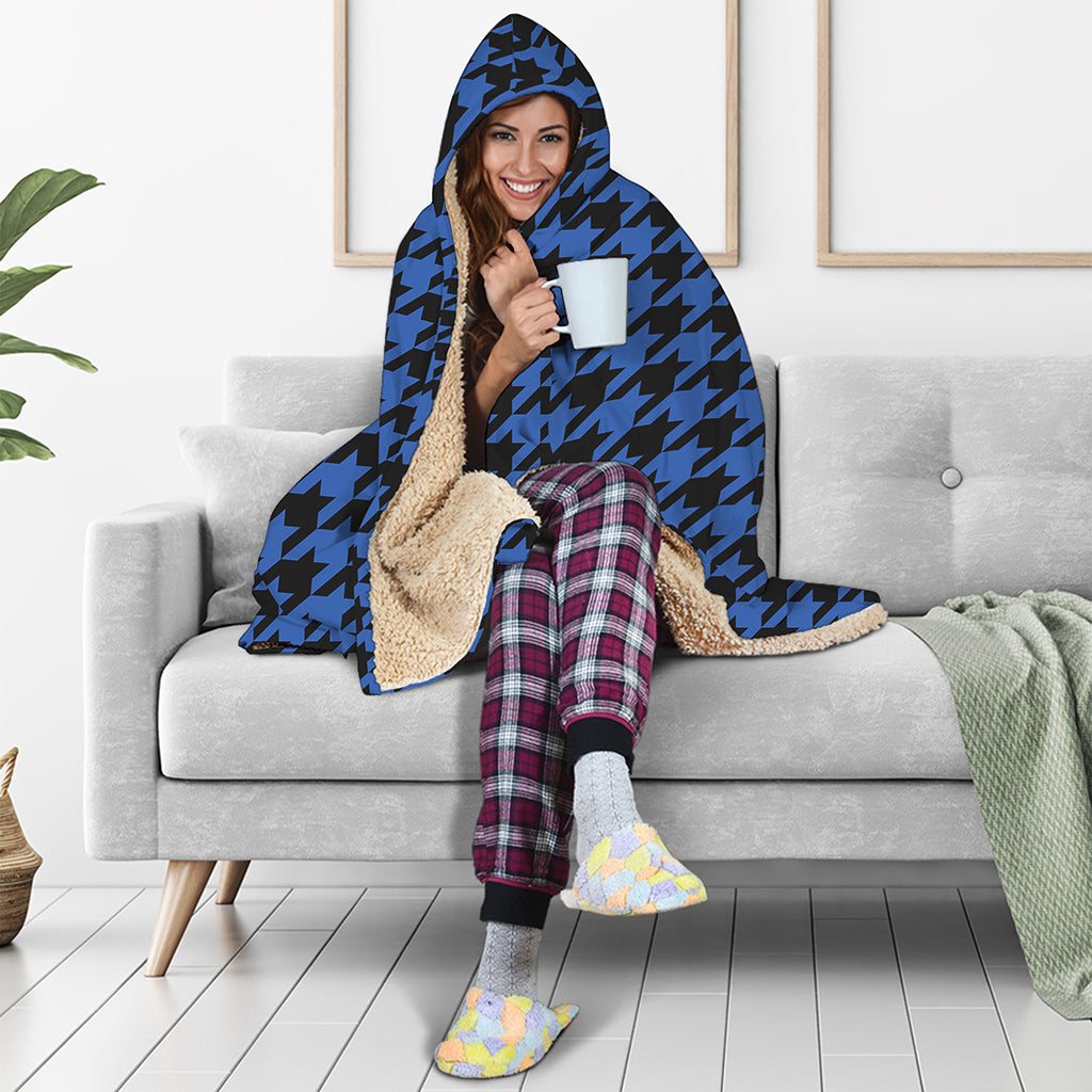 Blue And Black Houndstooth Print Hooded Blanket