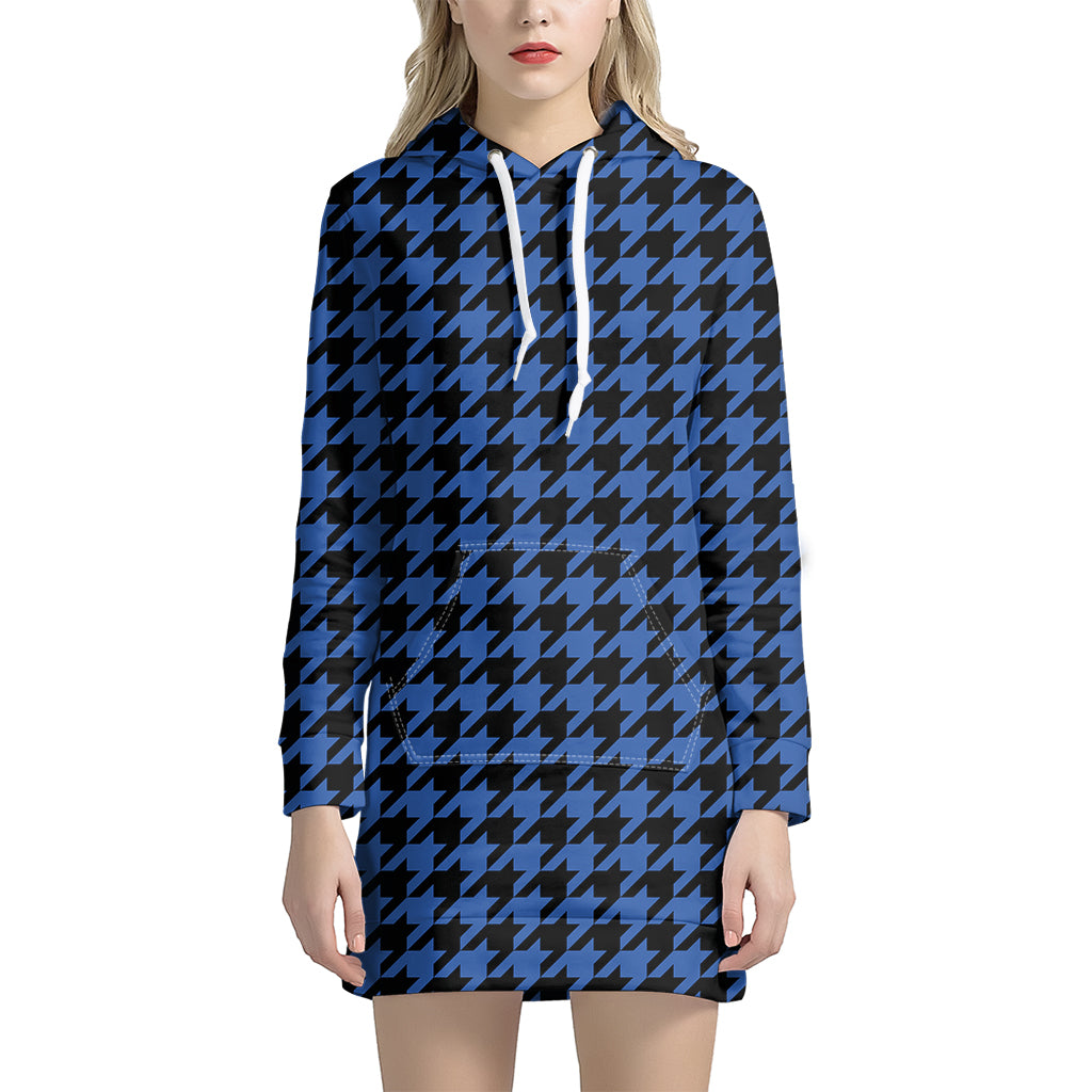 Blue And Black Houndstooth Print Hoodie Dress