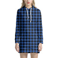 Blue And Black Houndstooth Print Pullover Hoodie Dress