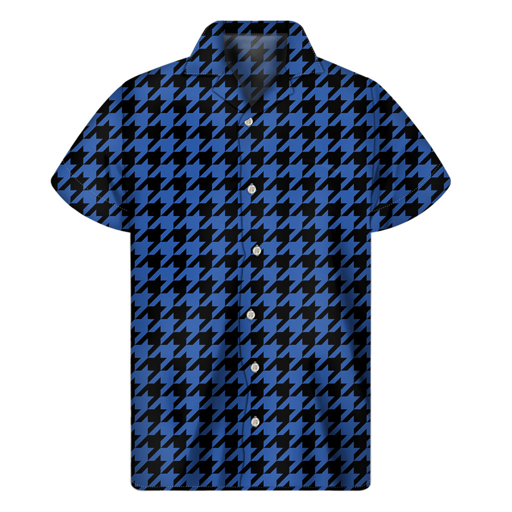 Blue And Black Houndstooth Print Men's Short Sleeve Shirt