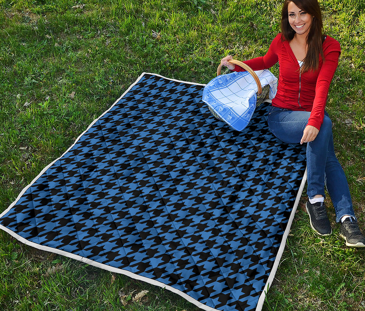 Blue And Black Houndstooth Print Quilt