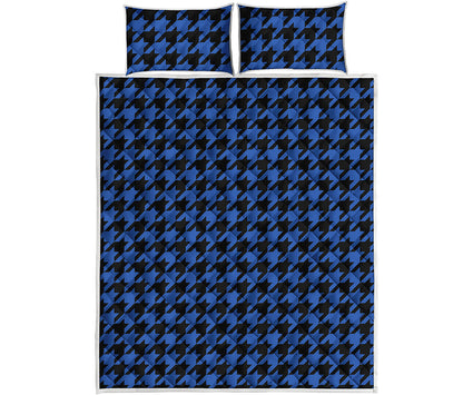 Blue And Black Houndstooth Print Quilt Bed Set