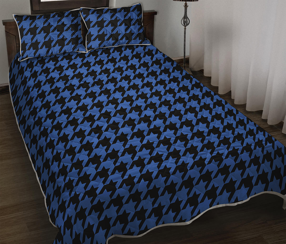 Blue And Black Houndstooth Print Quilt Bed Set