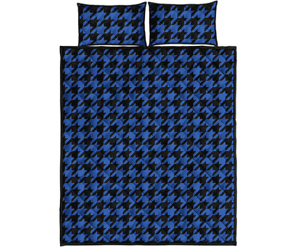 Blue And Black Houndstooth Print Quilt Bed Set