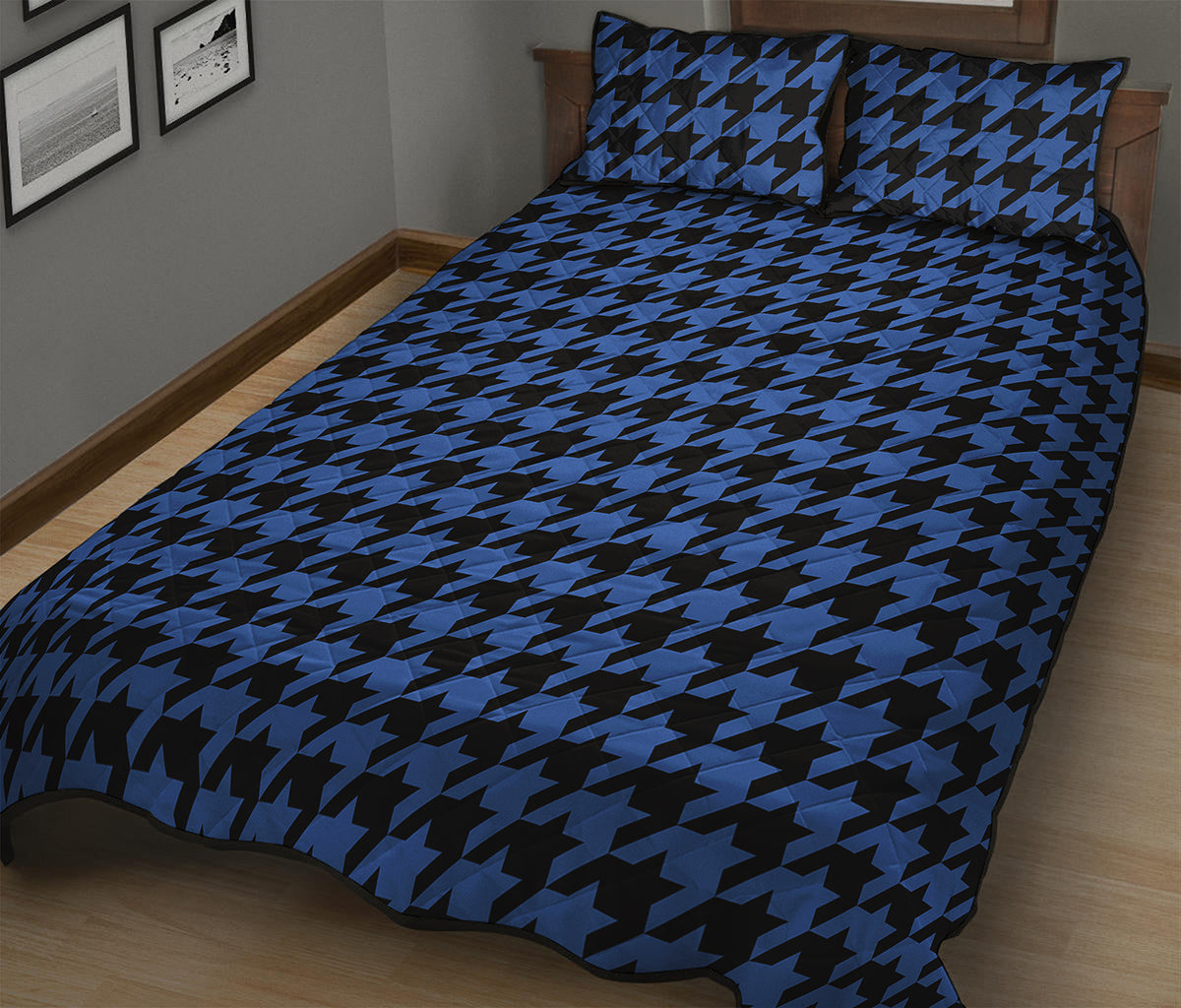Blue And Black Houndstooth Print Quilt Bed Set