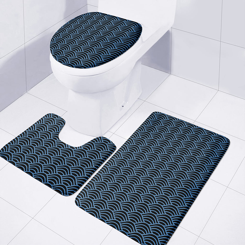 Blue And Black Japanese Pattern Print 3 Piece Bath Mat Set