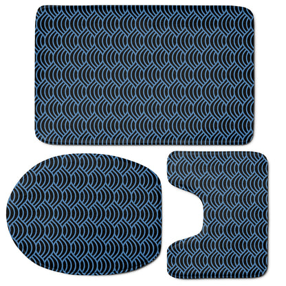 Blue And Black Japanese Pattern Print 3 Piece Bath Mat Set