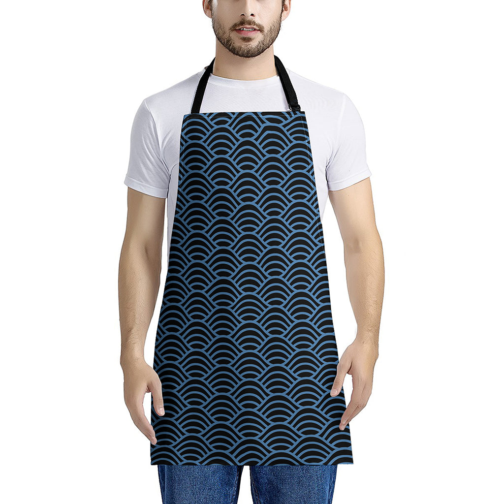 Blue And Black Japanese Pattern Print Apron