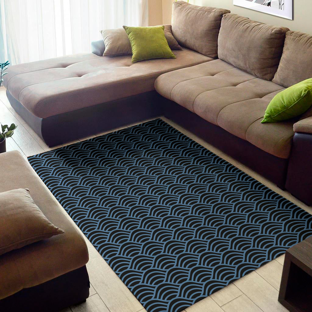 Blue And Black Japanese Pattern Print Area Rug