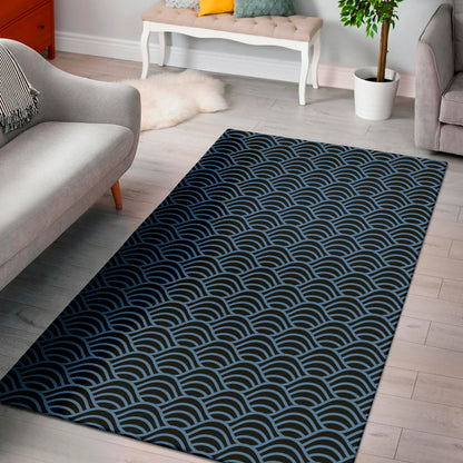 Blue And Black Japanese Pattern Print Area Rug