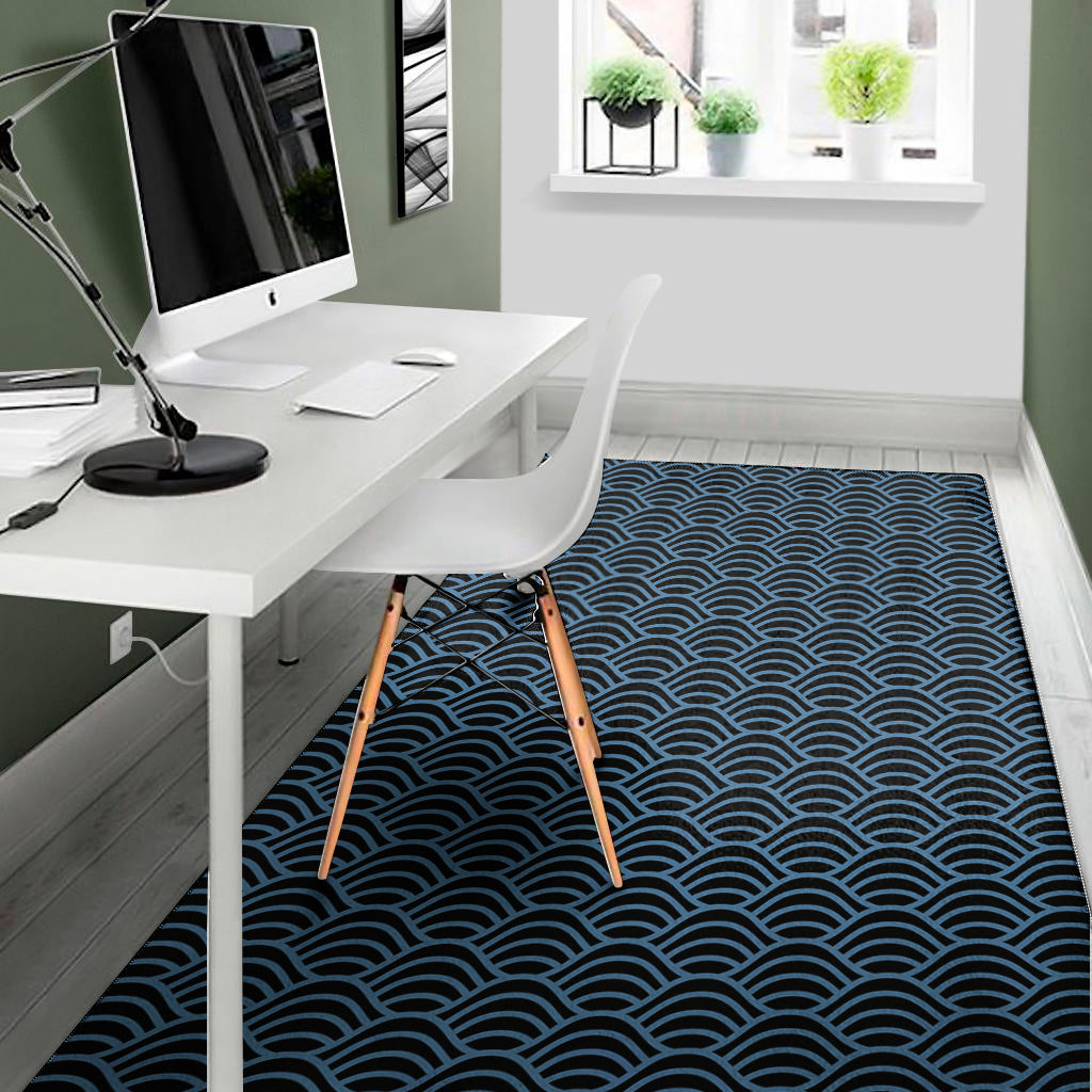Blue And Black Japanese Pattern Print Area Rug