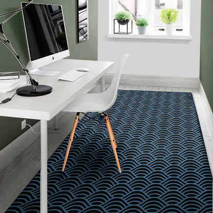 Blue And Black Japanese Pattern Print Area Rug
