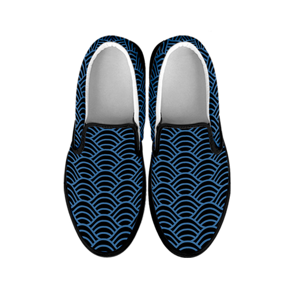 Blue And Black Japanese Pattern Print Black Slip On Shoes