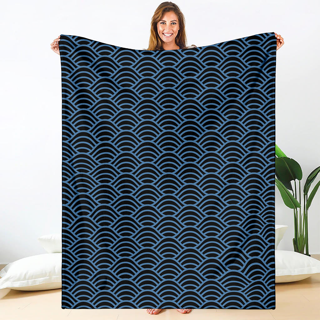 Blue And Black Japanese Pattern Print Blanket