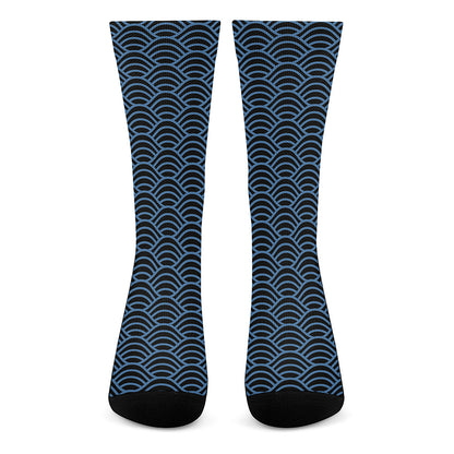 Blue And Black Japanese Pattern Print Crew Socks