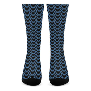 Blue And Black Japanese Pattern Print Crew Socks