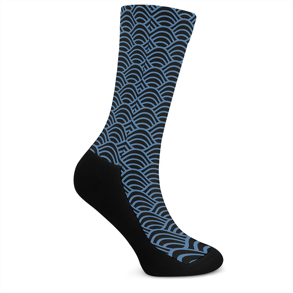 Blue And Black Japanese Pattern Print Crew Socks