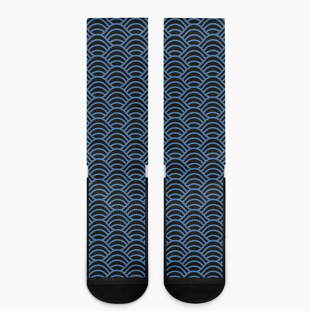 Blue And Black Japanese Pattern Print Crew Socks