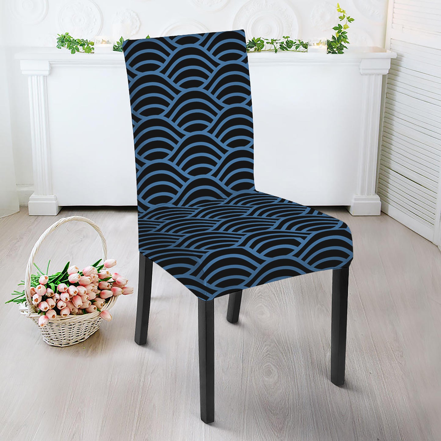 Blue And Black Japanese Pattern Print Dining Chair Slipcover