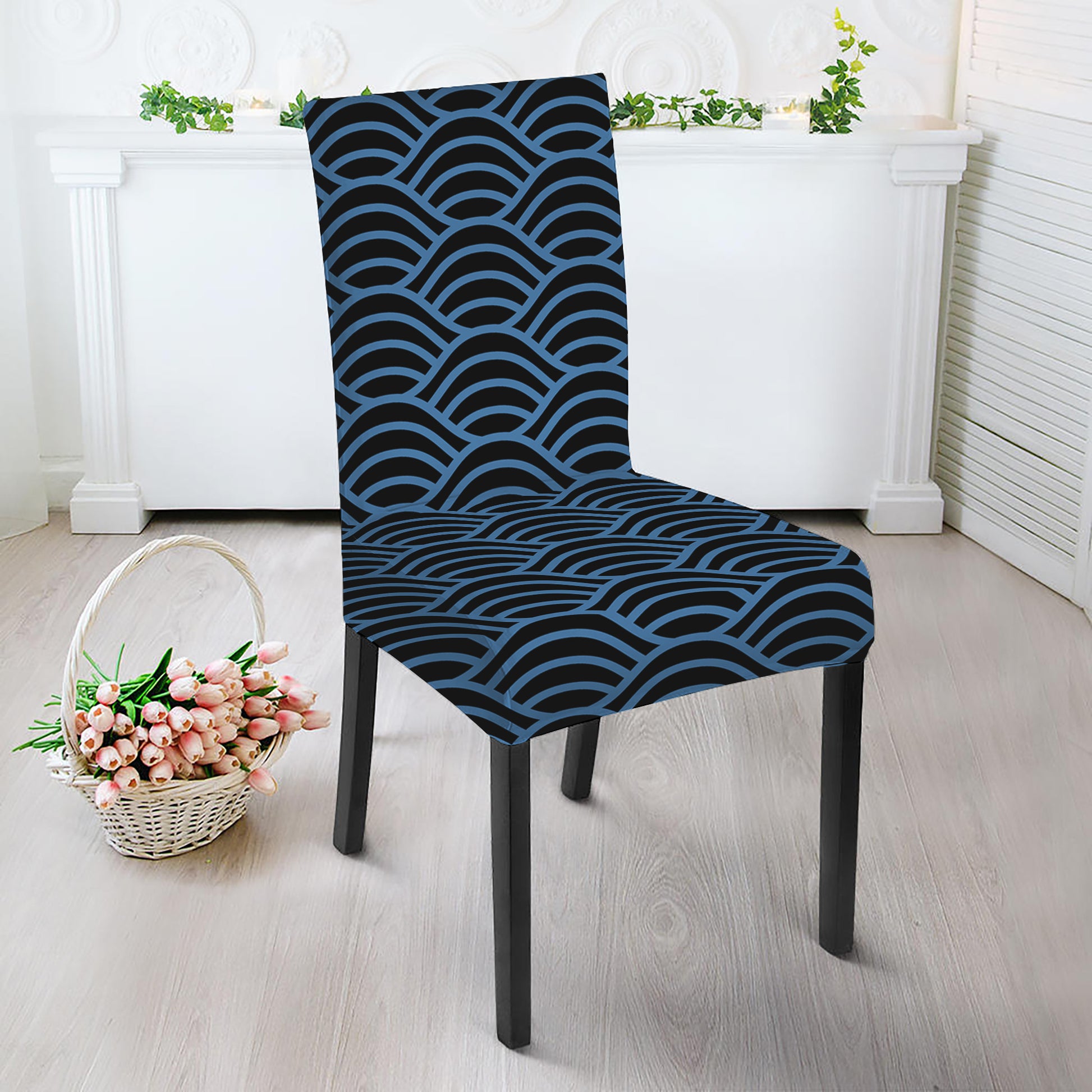 Blue And Black Japanese Pattern Print Dining Chair Slipcover
