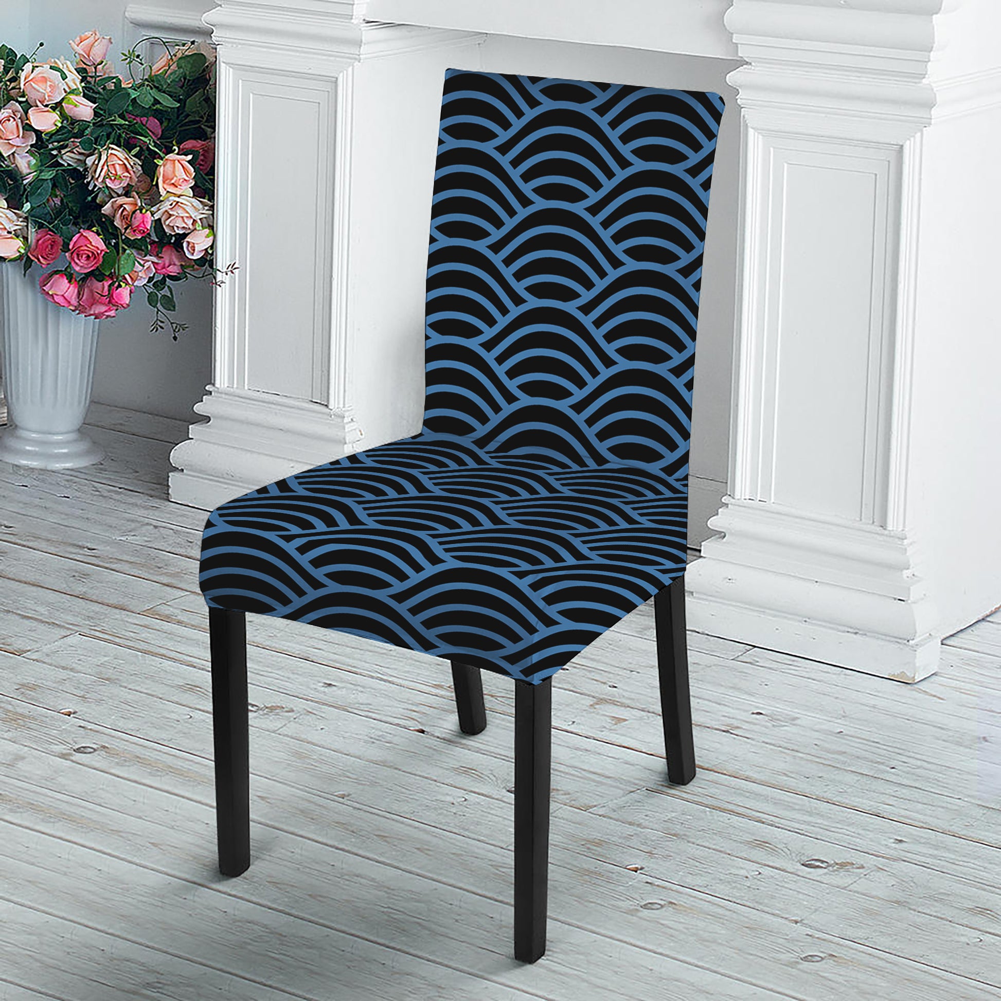 Blue And Black Japanese Pattern Print Dining Chair Slipcover