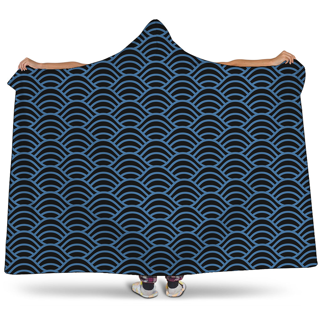 Blue And Black Japanese Pattern Print Hooded Blanket