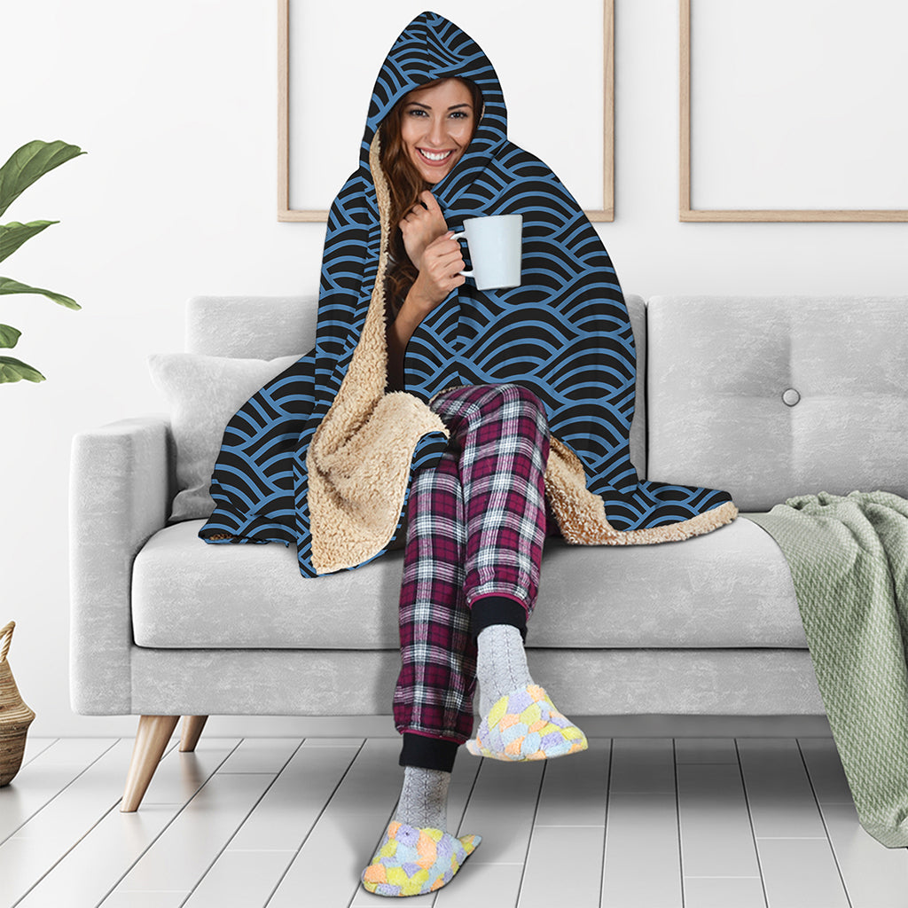 Blue And Black Japanese Pattern Print Hooded Blanket
