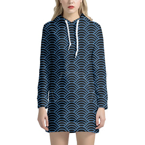 Blue And Black Japanese Pattern Print Hoodie Dress