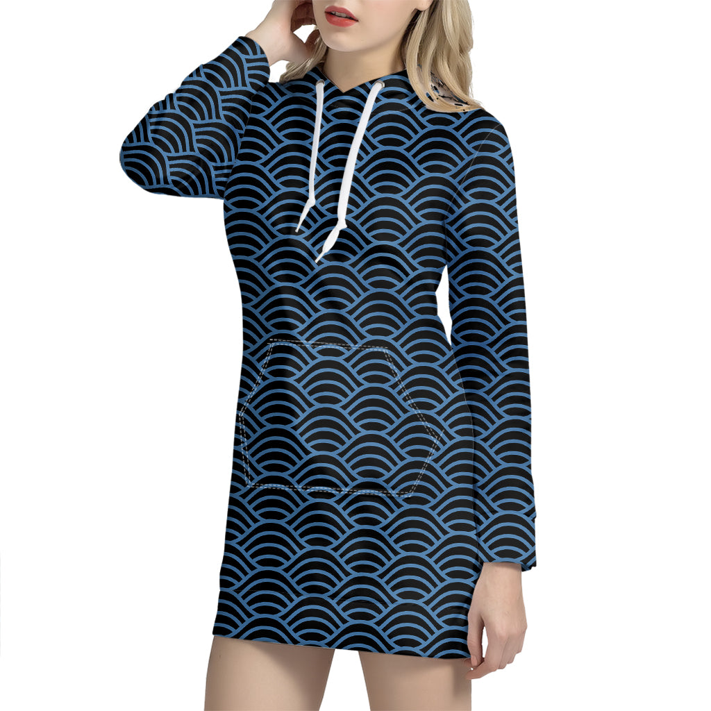 Blue And Black Japanese Pattern Print Hoodie Dress