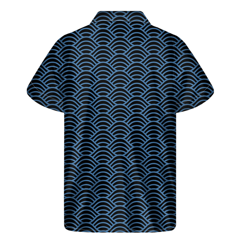 Blue And Black Japanese Pattern Print Men's Short Sleeve Shirt