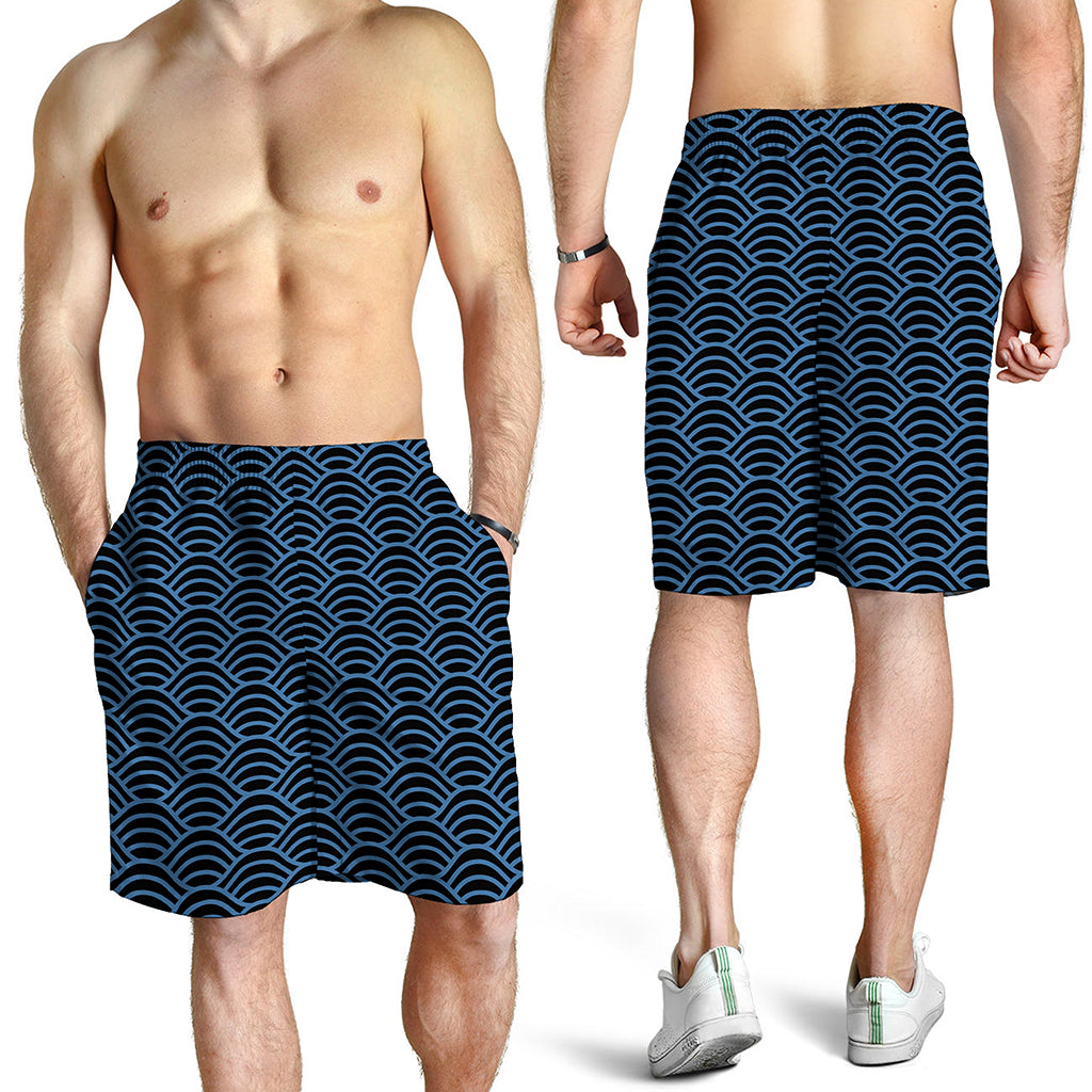 Blue And Black Japanese Pattern Print Men's Shorts