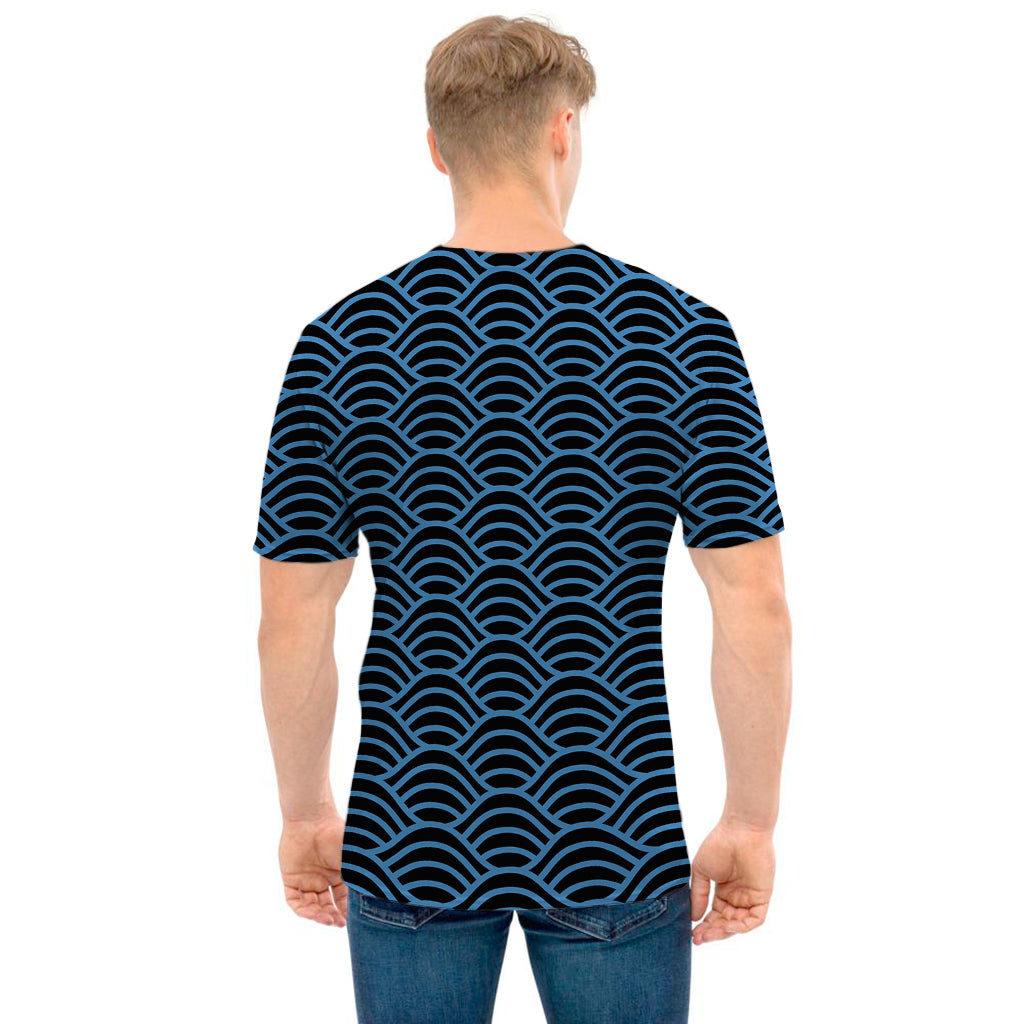 Blue And Black Japanese Pattern Print Men's T-Shirt