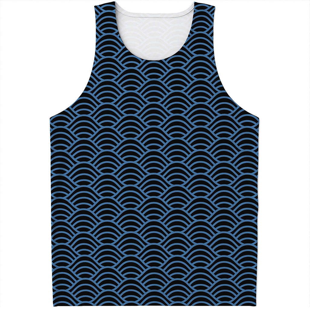 Blue And Black Japanese Pattern Print Men's Tank Top