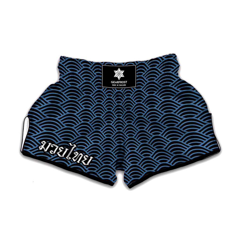 Blue And Black Japanese Pattern Print Muay Thai Boxing Shorts