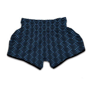 Blue And Black Japanese Pattern Print Muay Thai Boxing Shorts