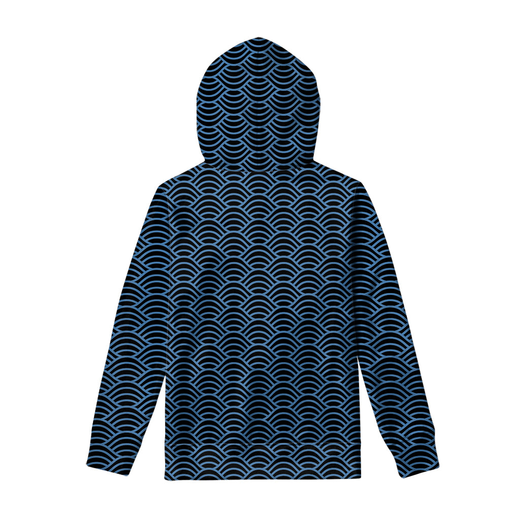 Blue And Black Japanese Pattern Print Pullover Hoodie