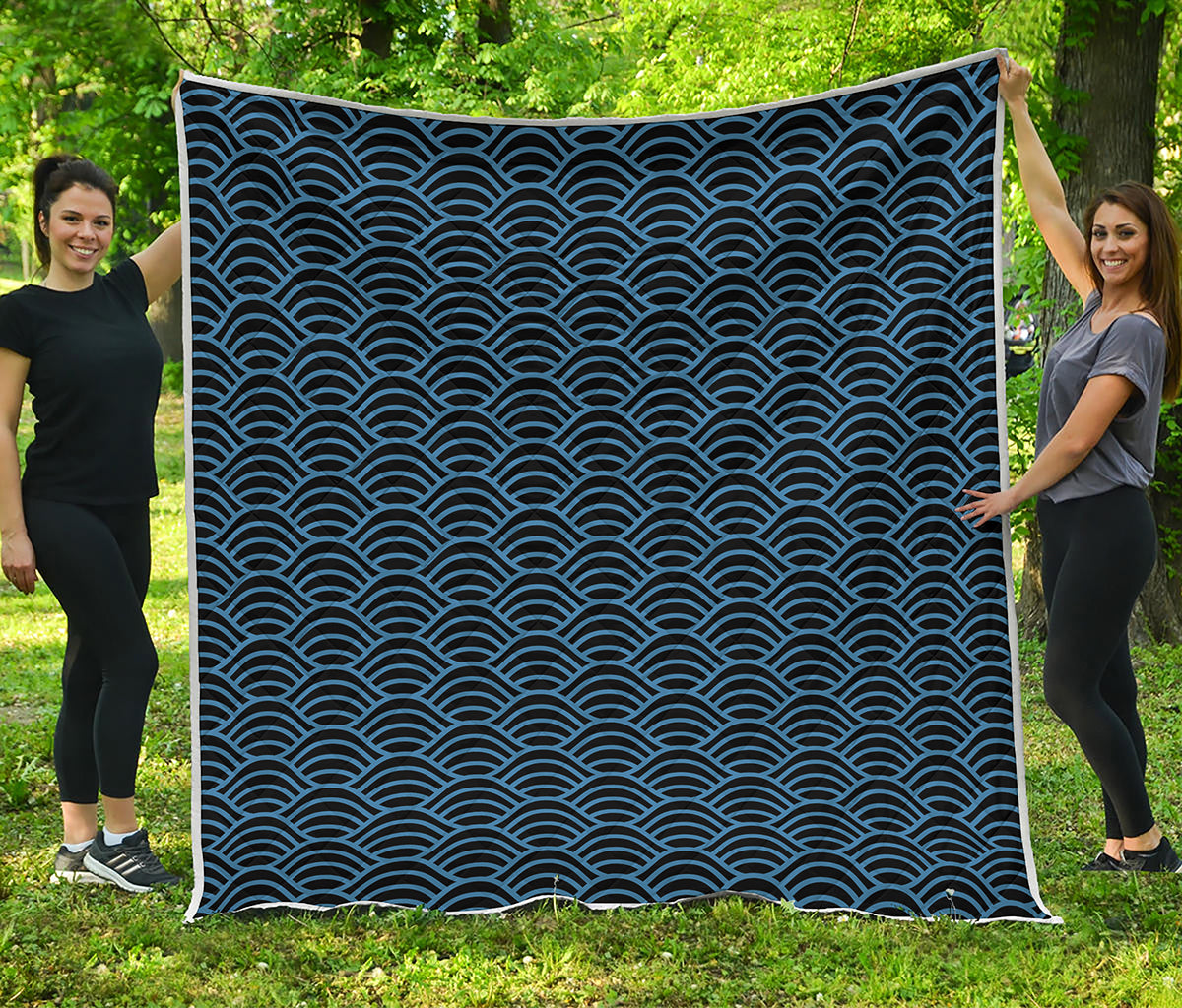 Blue And Black Japanese Pattern Print Quilt
