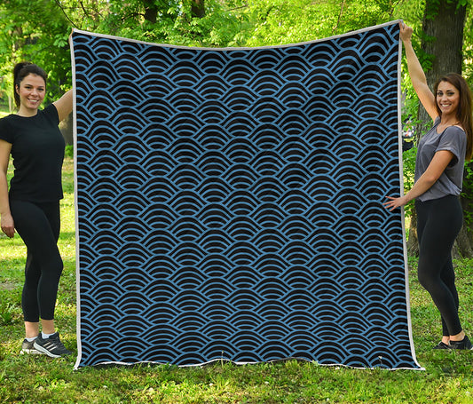 Blue And Black Japanese Pattern Print Quilt