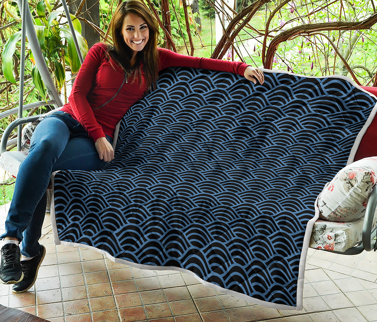Blue And Black Japanese Pattern Print Quilt