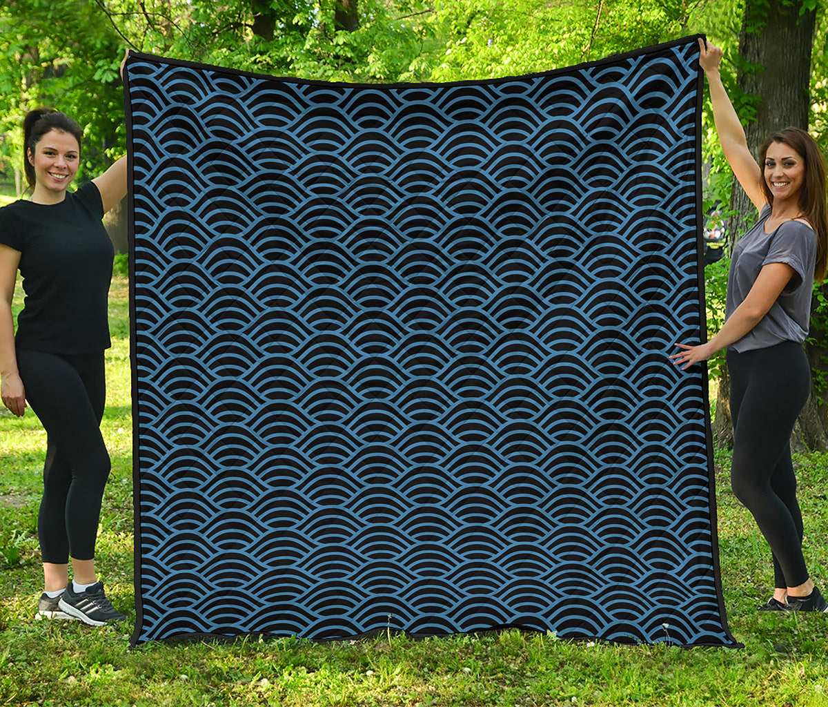 Blue And Black Japanese Pattern Print Quilt