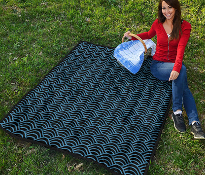Blue And Black Japanese Pattern Print Quilt